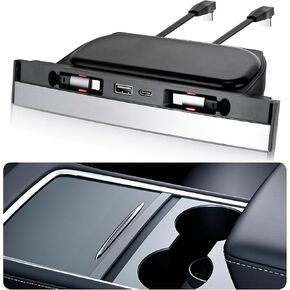 USB Hub for Tesla Model Y 2020-2024 Model 3 2020-2023 with Sliding Cover, 81W 4 in 1 Multi Ports Fast Charger with Retractable Cables Waterproof Docking Station fit Center Console Adapter
