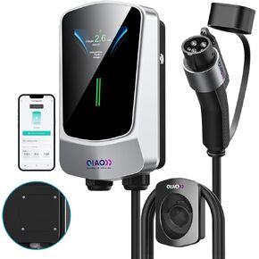QIAO Level 2 EV Charger, Up to 48A Hardwired Electric Car Charger, Wi-Fi Bluetooth APP Enabled EVSE, 4.3in Display, 25ft Cable, Charge Station Compatible with All SAE J1772 EV Models White