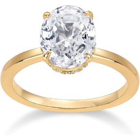 PAVOI 14K Gold Plated Oval Engagement Ring for Women - Hidden Halo 2.5CT Cubic Zirconia Promise Ring - Wedding Band