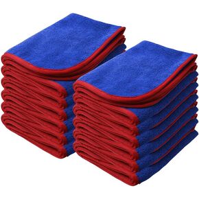 Nanoskin Power Shine Microfiber Towels, 12 Pack – 16" x 24", Blue with Red Silk Edge, 380 GSM, Ultra-Absorbent & Soft Cleaning Cloths for Cars, Glass, and Home Detailing