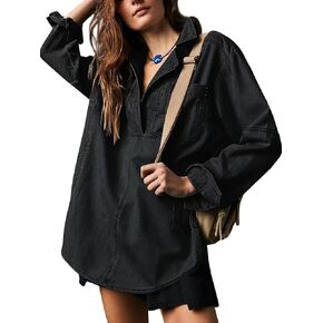 yoeasy Women's Denim Pullover Oversized V Neck Jean Shirt Loose Fit Long Sleeve Denim Jacket With Pocket