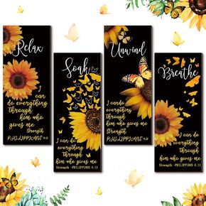 Wesiti 4 Pcs Sunflower Wall Decor Signs Wooden Hanging Soak Relax Unwind Breathe Butterfly Theme Wall Art for Bathroom Home Office Living Room(Rustic)
