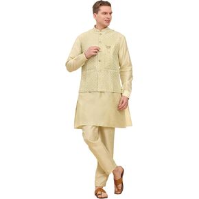 Mens Indian Traditional Silk Kurta Set With Jacket For Men Floral Design (C-111)