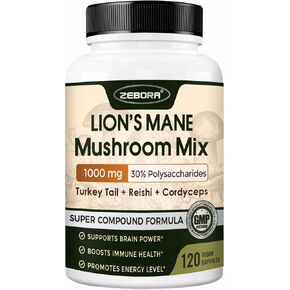 ZEBORA Lions Mane Supplement Capsules - Mushroom Supplement with Lions Mane, Cordyceps, Reishi, Turkey Tail, Shiitake - Lion's Mane Mushroom for Memory, Focus & Immune Support - 120 Vegan Capsules
