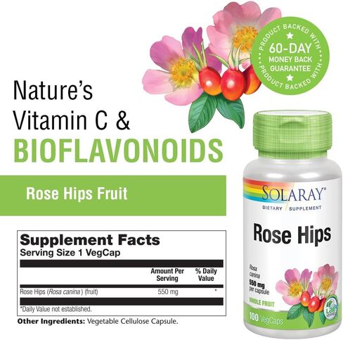 SOLARAY Rose HIPS Fruit 550mg | Healthy Skin, Joints & Immune Function Support | Source of Vitamin C & Bioflavonoids | Non-GMO & Vegan | 100 VegCaps in Saudi Arabia