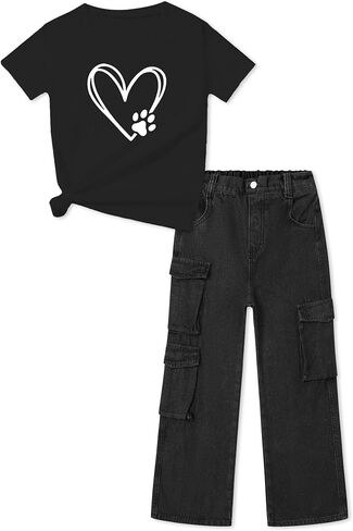 ARTMINE Girls' 2 Piece Outfits Heart Print T-Shirt & Wide Leg Denim Pants Set in Kuwait