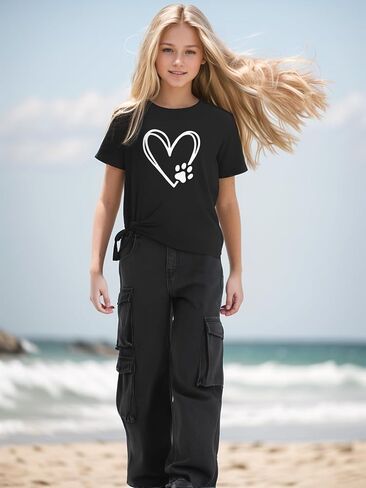 ARTMINE Girls' 2 Piece Outfits Heart Print T-Shirt & Wide Leg Denim Pants Set in Kuwait