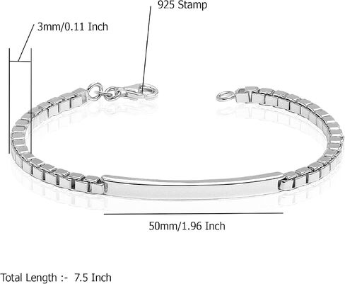 LeCalla 925 Sterling Silver Men's ID Bracelets | Italian 3MM Box Chain ID Bracelets for Men (7.5, 8, 8.5, 9 Inches), Made in Italy in Saudi Arabia
