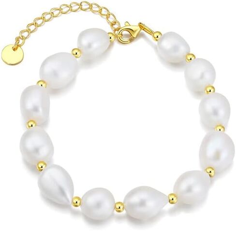 14K Gold Baroque Pearl Bracelet, Pure White Freshwater Pearl Bracelet, Beautiful Jewelry Gift for Wife, Girlfriend in Saudi Arabia