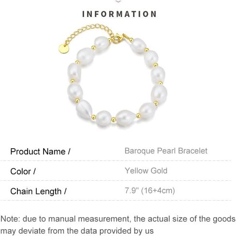 14K Gold Baroque Pearl Bracelet, Pure White Freshwater Pearl Bracelet, Beautiful Jewelry Gift for Wife, Girlfriend in Saudi Arabia