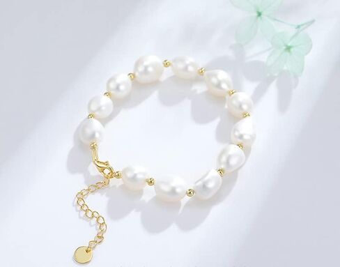 14K Gold Baroque Pearl Bracelet, Pure White Freshwater Pearl Bracelet, Beautiful Jewelry Gift for Wife, Girlfriend in Saudi Arabia