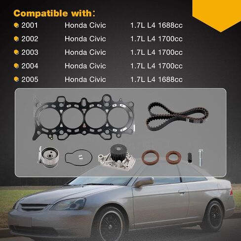 1.7L Engine Timing Belt Kit with Water Pump and Head Gasket, Compatible with 2001-2005 Honda Civic, Replaces# BK312 2523120 HS26236PT in Saudi Arabia
