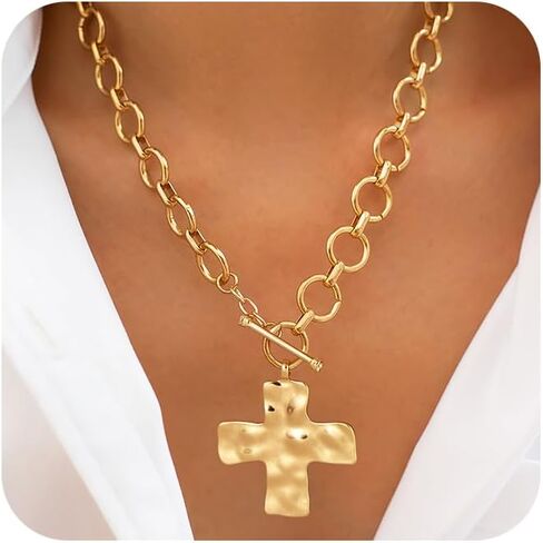 CHESKY Chunky Gold Necklace for Women, Trendy 14K Gold Plated Paperclip Chain Necklace Thick Cross Heart Pendant Necklace Layered Herringbone Cuban Link Chain Toggle Necklaces Non Tarnish Jewelry in Saudi Arabia