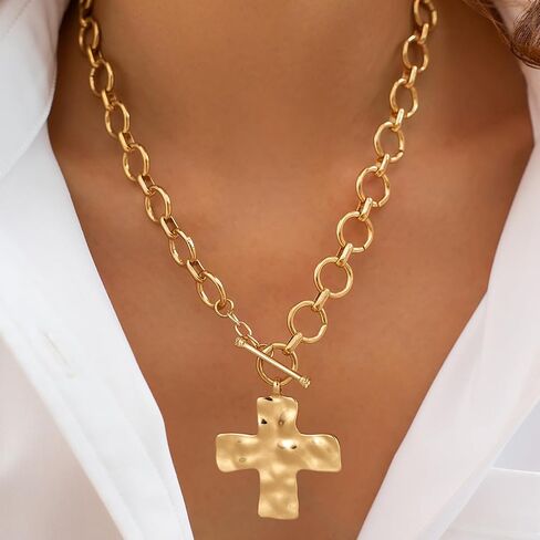 CHESKY Chunky Gold Necklace for Women, Trendy 14K Gold Plated Paperclip Chain Necklace Thick Cross Heart Pendant Necklace Layered Herringbone Cuban Link Chain Toggle Necklaces Non Tarnish Jewelry in Saudi Arabia