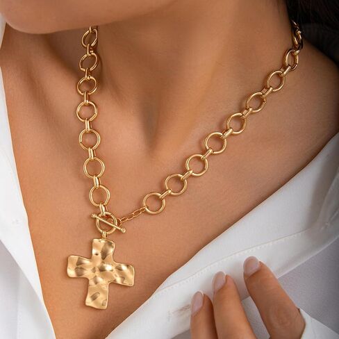 CHESKY Chunky Gold Necklace for Women, Trendy 14K Gold Plated Paperclip Chain Necklace Thick Cross Heart Pendant Necklace Layered Herringbone Cuban Link Chain Toggle Necklaces Non Tarnish Jewelry in Saudi Arabia