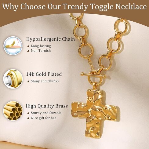 CHESKY Chunky Gold Necklace for Women, Trendy 14K Gold Plated Paperclip Chain Necklace Thick Cross Heart Pendant Necklace Layered Herringbone Cuban Link Chain Toggle Necklaces Non Tarnish Jewelry in Saudi Arabia