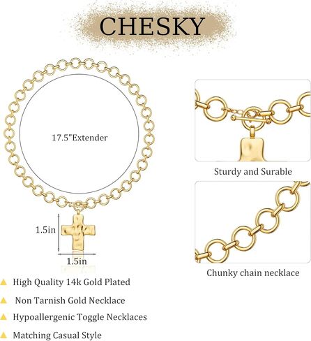 CHESKY Chunky Gold Necklace for Women, Trendy 14K Gold Plated Paperclip Chain Necklace Thick Cross Heart Pendant Necklace Layered Herringbone Cuban Link Chain Toggle Necklaces Non Tarnish Jewelry in Saudi Arabia