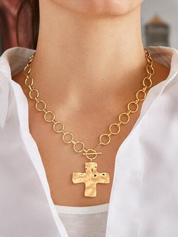 CHESKY Chunky Gold Necklace for Women, Trendy 14K Gold Plated Paperclip Chain Necklace Thick Cross Heart Pendant Necklace Layered Herringbone Cuban Link Chain Toggle Necklaces Non Tarnish Jewelry in Saudi Arabia