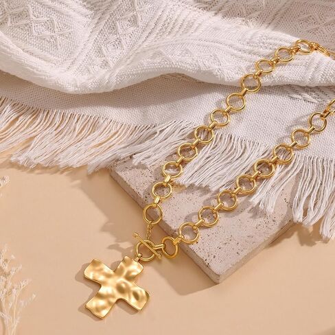 CHESKY Chunky Gold Necklace for Women, Trendy 14K Gold Plated Paperclip Chain Necklace Thick Cross Heart Pendant Necklace Layered Herringbone Cuban Link Chain Toggle Necklaces Non Tarnish Jewelry in Saudi Arabia