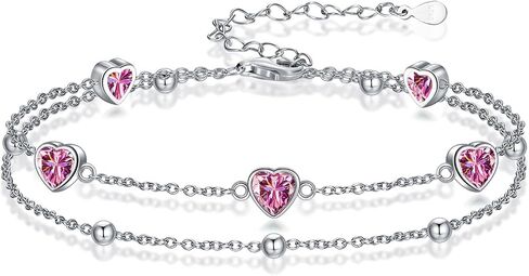 Birthstone Anklet/Bracelets for Women 925 Sterling Silver Charm Link Double Strand Heart Birthstone Jewelry Gift for Wife Women Mother's Day Gift in Kuwait