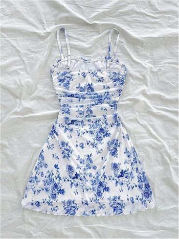 WDIRARA Women's Floral Print Ruched Cami Dress Spaghetti Strap Ruffle Hem A Line Dress in Saudi Arabia