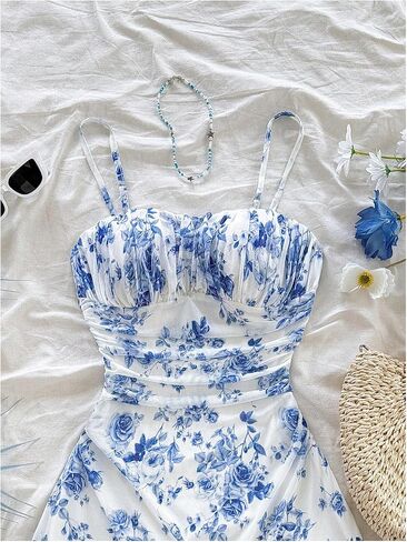 WDIRARA Women's Floral Print Ruched Cami Dress Spaghetti Strap Ruffle Hem A Line Dress in Saudi Arabia