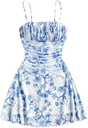 WDIRARA Women's Floral Print Ruched Cami Dress Spaghetti Strap Ruffle Hem A Line Dress in Saudi Arabia