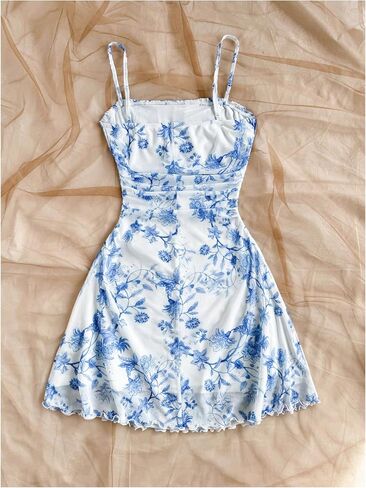 WDIRARA Women's Floral Print Ruched Cami Dress Spaghetti Strap Ruffle Hem A Line Dress in Saudi Arabia