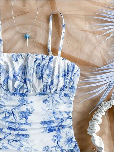 WDIRARA Women's Floral Print Ruched Cami Dress Spaghetti Strap Ruffle Hem A Line Dress in Saudi Arabia
