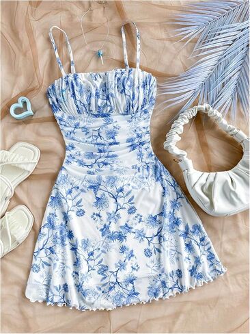 WDIRARA Women's Floral Print Ruched Cami Dress Spaghetti Strap Ruffle Hem A Line Dress in Saudi Arabia