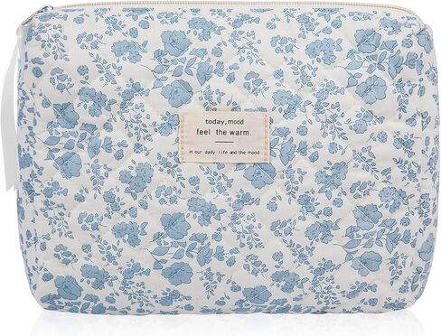 Floral Makeup Bag, Large Cosmetic Bag for Women Girls, Cute Cotton Make up Pouch, Quilted Makeup Bags, Flower Travel Toiletry Organizer Bag(Blue Floral) in Saudi Arabia
