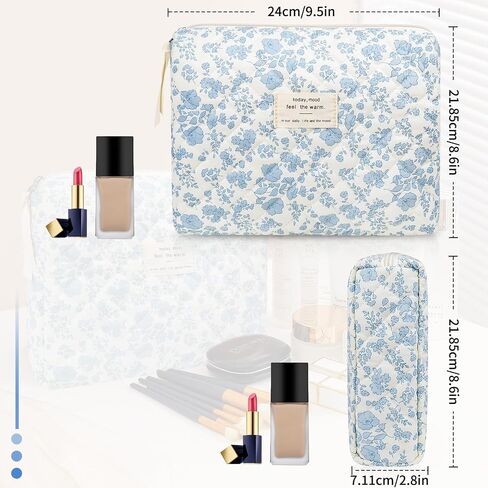 Floral Makeup Bag, Large Cosmetic Bag for Women Girls, Cute Cotton Make up Pouch, Quilted Makeup Bags, Flower Travel Toiletry Organizer Bag(Blue Floral) in Saudi Arabia