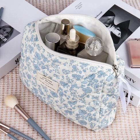 Floral Makeup Bag, Large Cosmetic Bag for Women Girls, Cute Cotton Make up Pouch, Quilted Makeup Bags, Flower Travel Toiletry Organizer Bag(Blue Floral) in Saudi Arabia