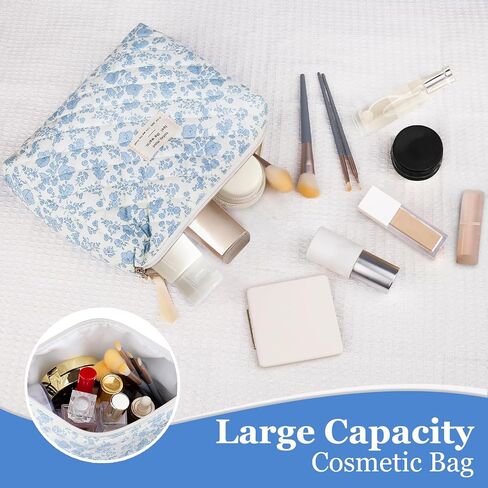 Floral Makeup Bag, Large Cosmetic Bag for Women Girls, Cute Cotton Make up Pouch, Quilted Makeup Bags, Flower Travel Toiletry Organizer Bag(Blue Floral) in Saudi Arabia