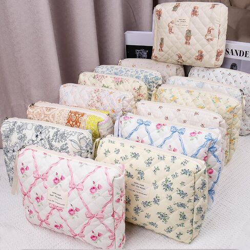 Floral Makeup Bag, Large Cosmetic Bag for Women Girls, Cute Cotton Make up Pouch, Quilted Makeup Bags, Flower Travel Toiletry Organizer Bag(Blue Floral) in Saudi Arabia