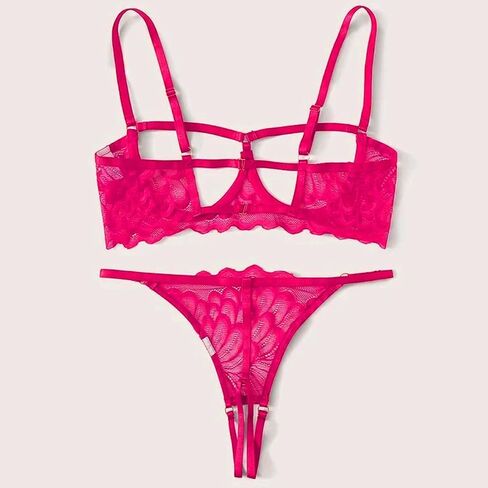 Sexy Underwire Bra and Panty Sets Lingerie Bikini for Women Mesh Sheer Floral Lace Babydoll 2 Piece in Kuwait
