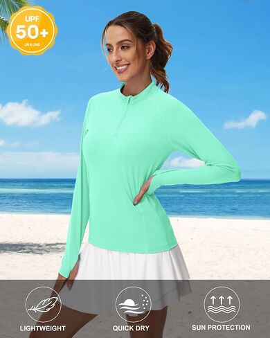 Isnowood Women's 1/4 Zip Long Sleeve Rash Guard ، UPF 50+ UV Sun Protection Terts ، Quick Prading Prockution Tops Athletic Tops in Kuwait