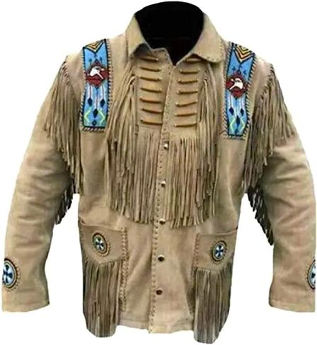 Men’s handmade Native American Buckskin Leather Jacket With Fringes Eagle Brown Mountain in Saudi Arabia