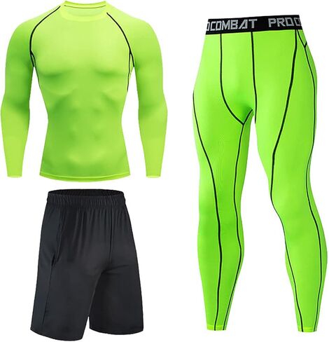 Sinzelimin 3Pcs Men's Compression Workout Clothes Long Sleeve Shirt Pants Shorts Suit Fitness Sports Jersey Tops & Bottom Set in Saudi Arabia