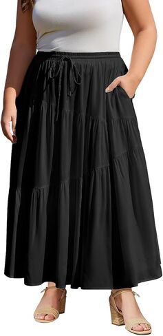 Moon Wood Women's Plus Size Tiered Maxi Skirt Elastic High Waist A Line Flowy Long Maxi Skirt with Pockets in Saudi Arabia
