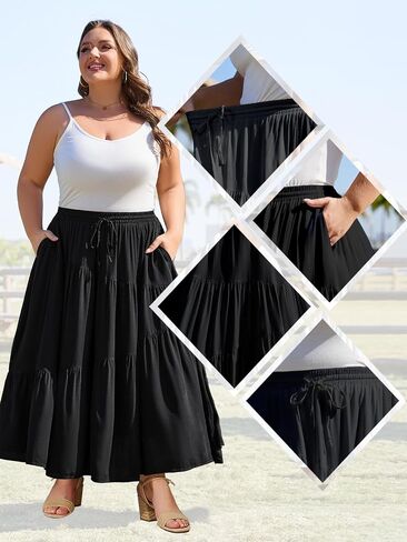 Moon Wood Women's Plus Size Tiered Maxi Skirt Elastic High Waist A Line Flowy Long Maxi Skirt with Pockets in Saudi Arabia