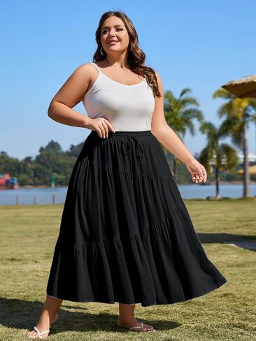 Moon Wood Women's Plus Size Tiered Maxi Skirt Elastic High Waist A Line Flowy Long Maxi Skirt with Pockets in Saudi Arabia