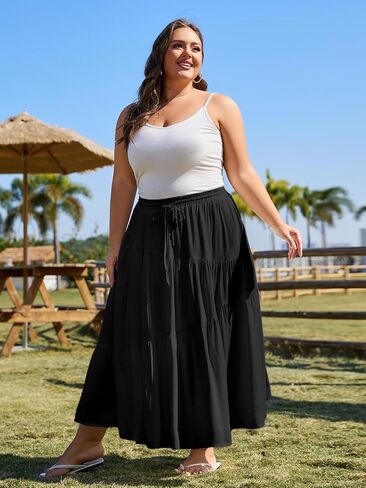 Moon Wood Women's Plus Size Tiered Maxi Skirt Elastic High Waist A Line Flowy Long Maxi Skirt with Pockets in Saudi Arabia