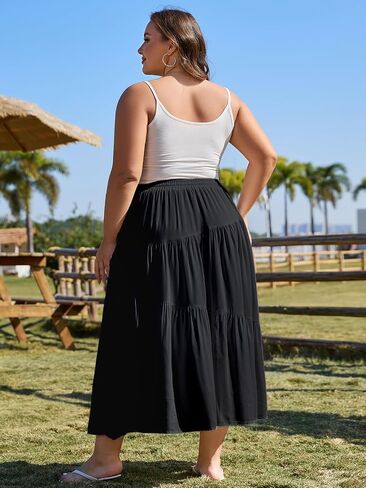 Moon Wood Women's Plus Size Tiered Maxi Skirt Elastic High Waist A Line Flowy Long Maxi Skirt with Pockets in Saudi Arabia