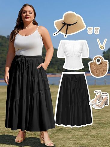 Moon Wood Women's Plus Size Tiered Maxi Skirt Elastic High Waist A Line Flowy Long Maxi Skirt with Pockets in Saudi Arabia