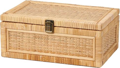 2PCS Rattan Box with Lid Decorative Natural Handmade Boho Baskets Woven Wicker Cane Bins Keepsake Memory Jewelry Boxes Rectangular Desk Shelf Closet Organizer Container (1 Large 1 Small) in Kuwait