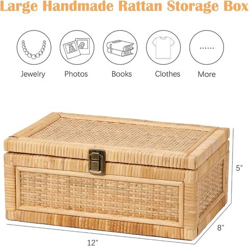 2PCS Rattan Box with Lid Decorative Natural Handmade Boho Baskets Woven Wicker Cane Bins Keepsake Memory Jewelry Boxes Rectangular Desk Shelf Closet Organizer Container (1 Large 1 Small) in Kuwait