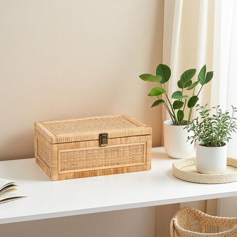 2PCS Rattan Box with Lid Decorative Natural Handmade Boho Baskets Woven Wicker Cane Bins Keepsake Memory Jewelry Boxes Rectangular Desk Shelf Closet Organizer Container (1 Large 1 Small) in Kuwait