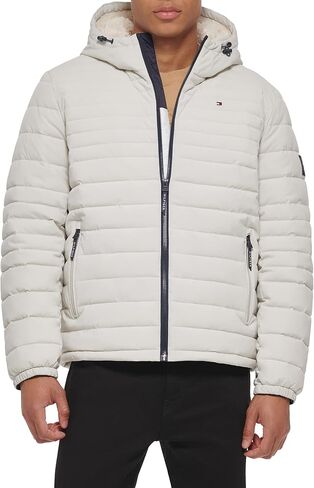 Tommy Hilfiger Men's Stretch Poly Hooded Packable Jacket with Sherpa Lining, Black, Medium in Saudi Arabia