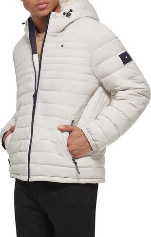 Tommy Hilfiger Men's Stretch Poly Hooded Packable Jacket with Sherpa Lining, Black, Medium in Saudi Arabia